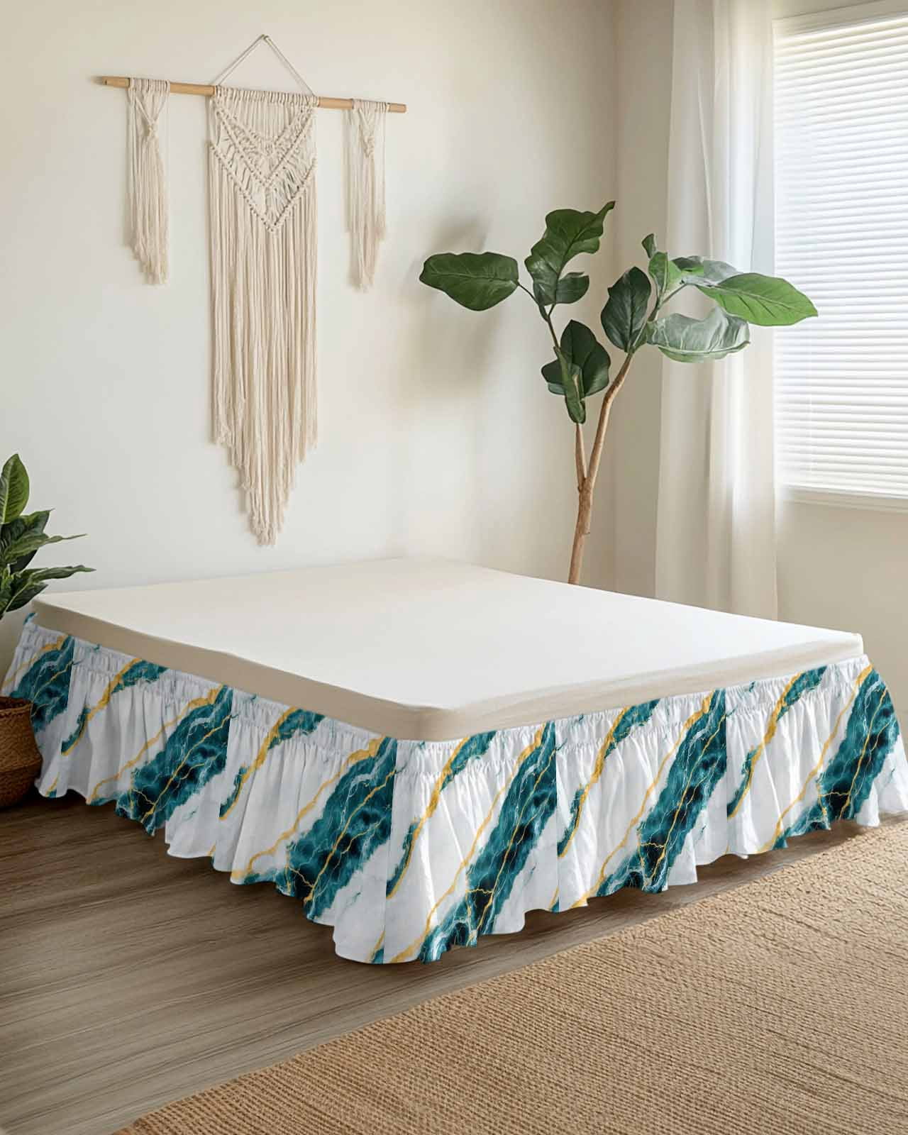 Marble Turquoise Wrap Around Bed Skirts for Queen Bed 16" Drop,Bed Skirt with Adjustable Elastic Belt Dust Ruffle Bed Valance for Bedroom Hotel Gold Foil Ceramic Style Crack Scratch Bed Frame Cover