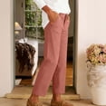 thumbnail image 5 of Karymi Jean Shorts Solid Fake Linen Mid Rise Button Zip Fly Slim Straight Leg Cropped Ankle Length Casual Trouser Pants with Front Slant Pockets Women's Pants, 5 of 5