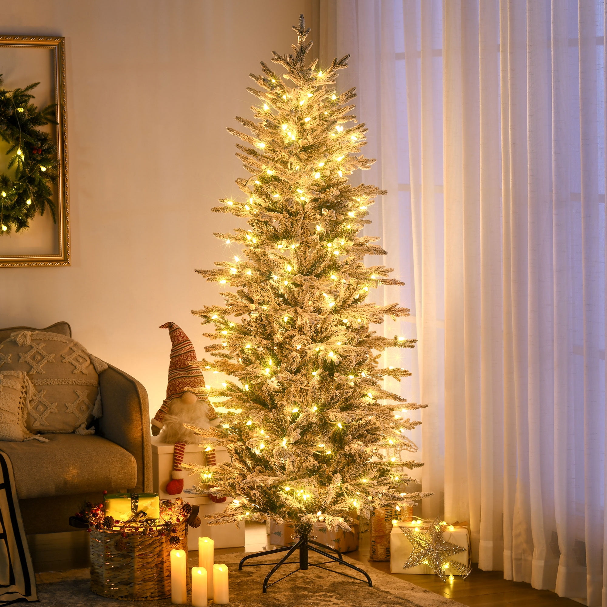 6ft Prelit Snow Flocked Christmas Tree with 250 Clear Lights 636 Tips Easy Assembly Indoor Decor