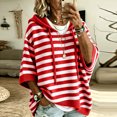 thumbnail image 2 of Pullover Sweaters for Women Oversized Knit Hooded Sweaters Fall Clothes for Women 3/4 Batwing Sleeve Striped Trendy Lightweight Casual Drawstring Sweater Pullover Red L, 2 of 7