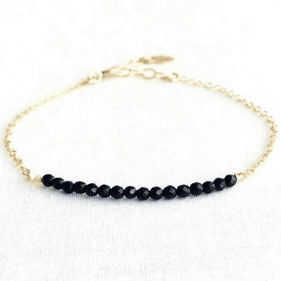 Black Onyx 3mm Round Shape Faceted Cut Beads 7 inch Gold Plated Clasp Bracelet for men, women, unisex. Link Chain Stacking Bracelet.|LINK_01073