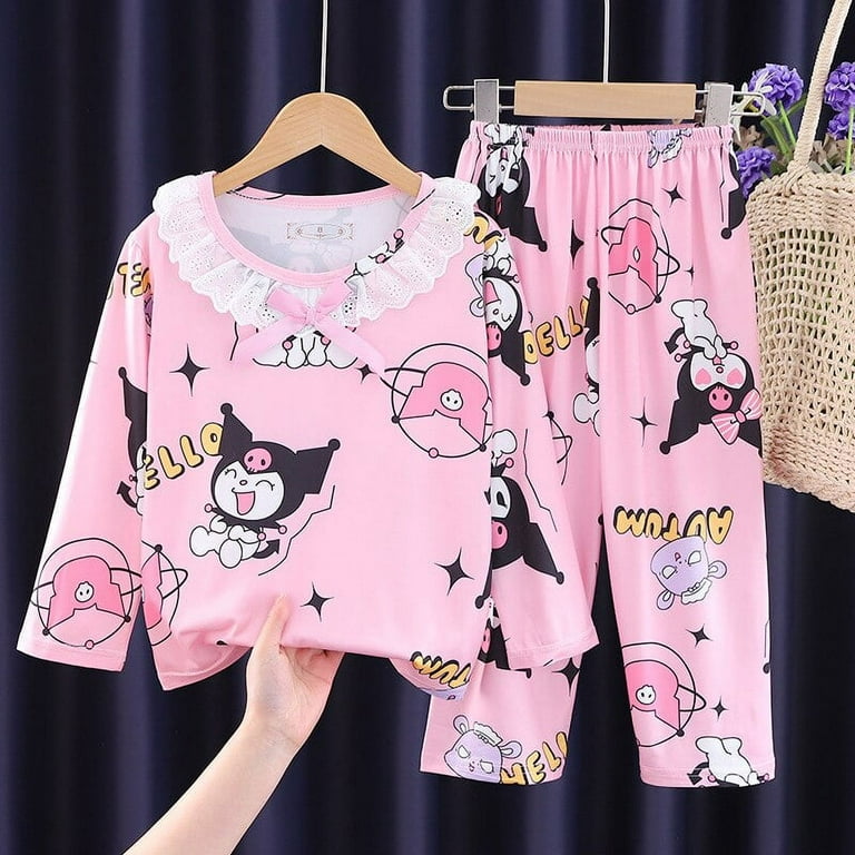 Sanrio Hello Kitty Long Sleeve Pajamas Ice Silk Cute Anime Home Wear Sets  For Women 2 Pieces Kawaii Kuromi Pijamas Sleepwear Y2k 