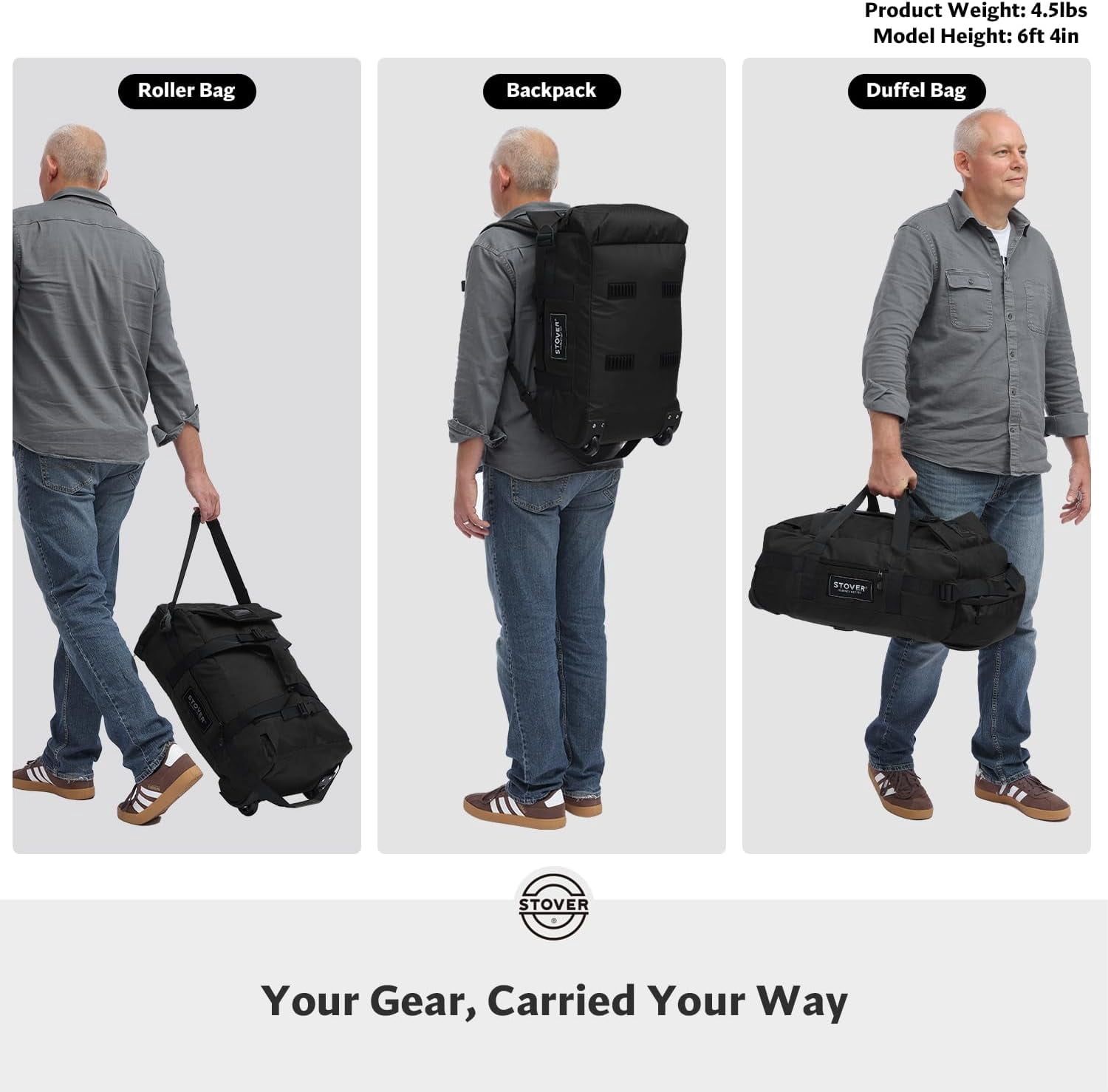 ZJQYDS 45/80/100L Carry-On Rolling Duffel Bag with Wheels, Medium Durable Travel Duffle w/Toiletry Bag, Packable, Foldable with Shoulder Straps- Use as Luggage or Backpack, Men/Women (Black)
