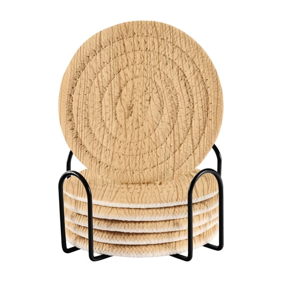 Haosy Set of 6 Drink Woven Coaster with Holder Heat Resistant Non-Slip Bar Coasters 4 Inches Hand Drawn Wooden Grain