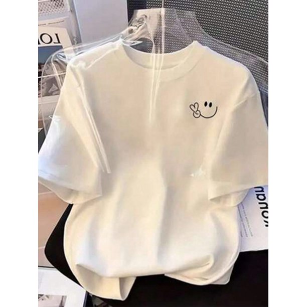 Women's oversized Short Sleeve T-Shirt - Minimalist joyful Face & Striped Design, Black with White applique, Medium Stretch Round Neck Casual Top for Spring/Summer, Machine Washable, Cute T Shirts, e
