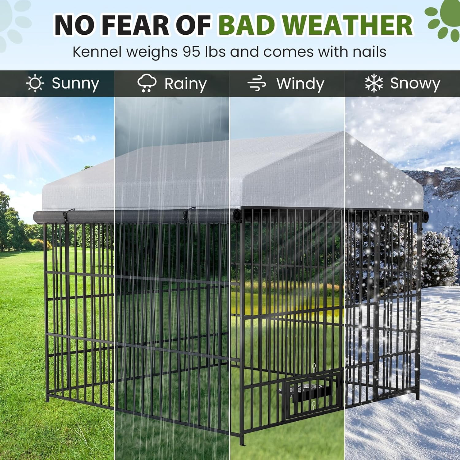 QuzyAor 6.6‘x6.6’x6.4‘ Galvanized Steel Outdoor Dog Kennel, Heavy Duty Metal Dog Run with Waterproof UV-Proof Roof & Rotating Bowls, Black