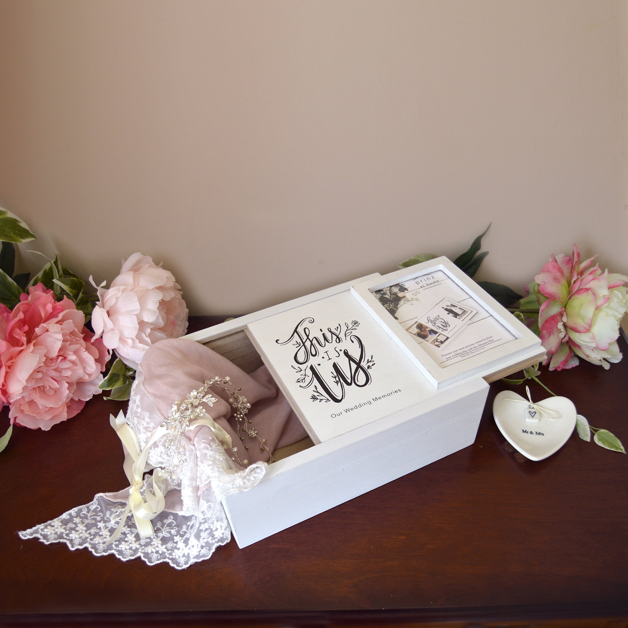Prinz Decorative Wedding Memories Keepsake Box, Sliding Lid with 4” x 6” Photograph Holder, White