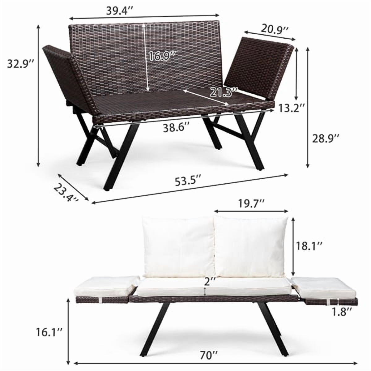 Outdoor Sofa, Woven Rattan Patio Furniture, Convertible Daybed or Double Chair with Adjustable Armrests, Cushions and Pillows for Yard Porch Pool, Gray Lounger & Beige Cushion