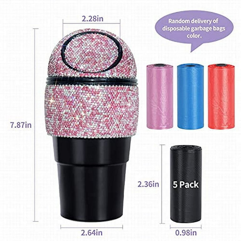 eing Car Trash Can Bling Crystal Auto Mini Trash Bin for Car Office Home  Women,Car Cup Holder Garbage Can with Lid and 5 Pack Disposable Garbage  Gag, Pink 