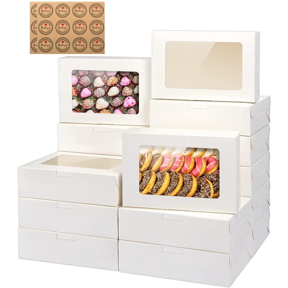 20pcs 8x6x2.5inch White Cookie Boxes with Window & Stickers, Pastry Boxes for Cupcake, Treat Boxes for Bread, Donuts, Mother's Day, Christmas, Holiday Gatherings