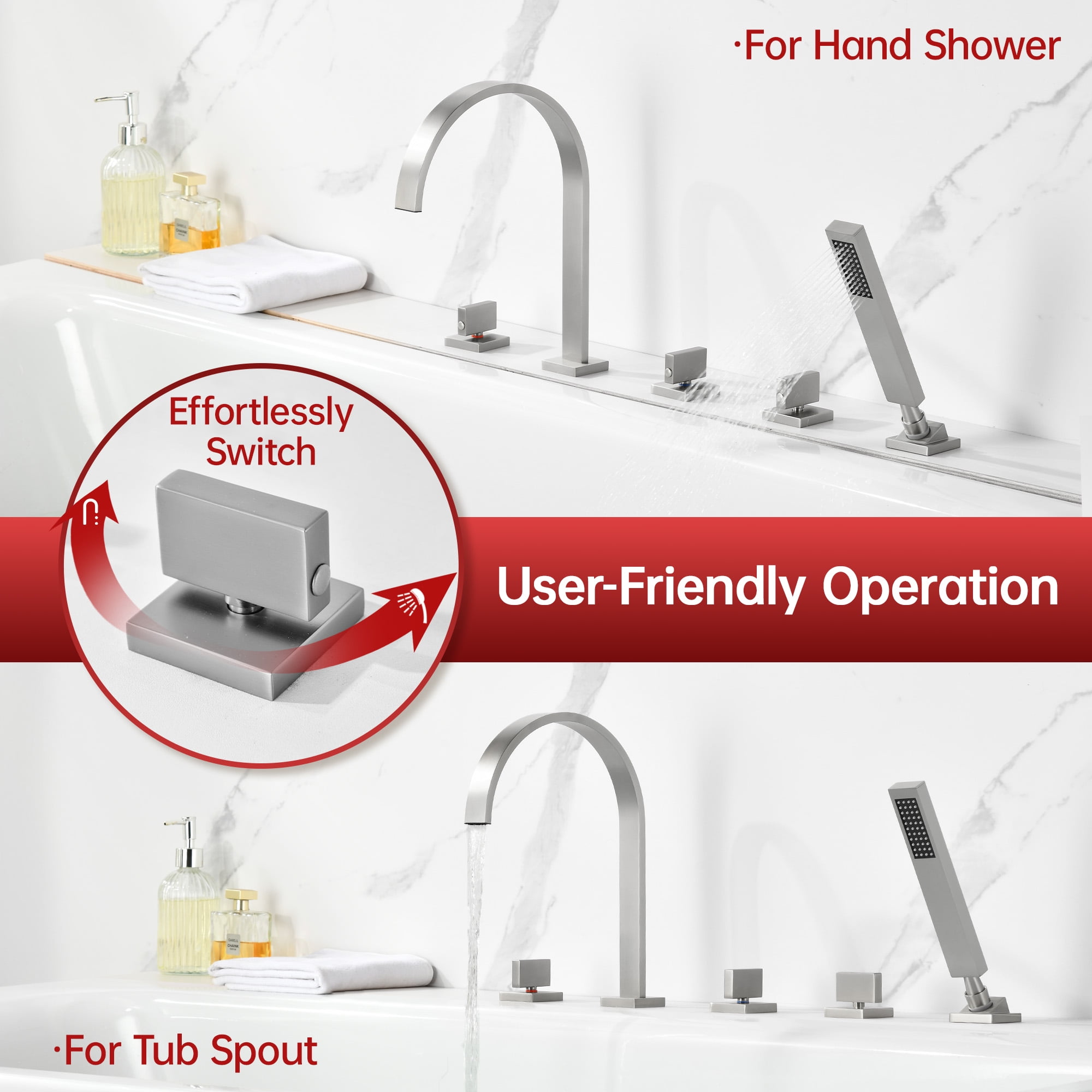 SUMERAIN Deck Mount Roman Tub Faucet, 5 Hole Waterfall Bathtub Faucet with Hand Shower, High Flow, Brushed Nickel