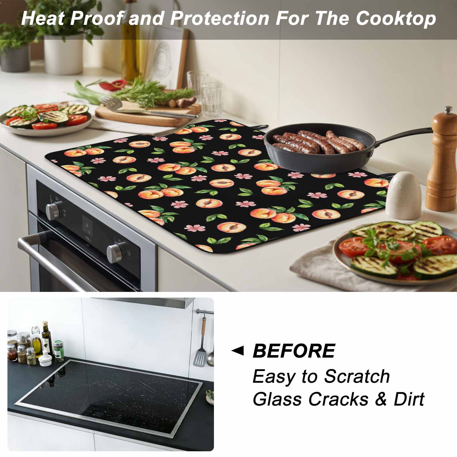 Peaches Stove Top Cover for Electric Stove, Heat-proof & Non Slip Glass Top Stove Cover Protector, Summer Fruit Flowers Spring Watercolor Black Kitchen Flat Cooktop Rubber Mat 24x21 Inches