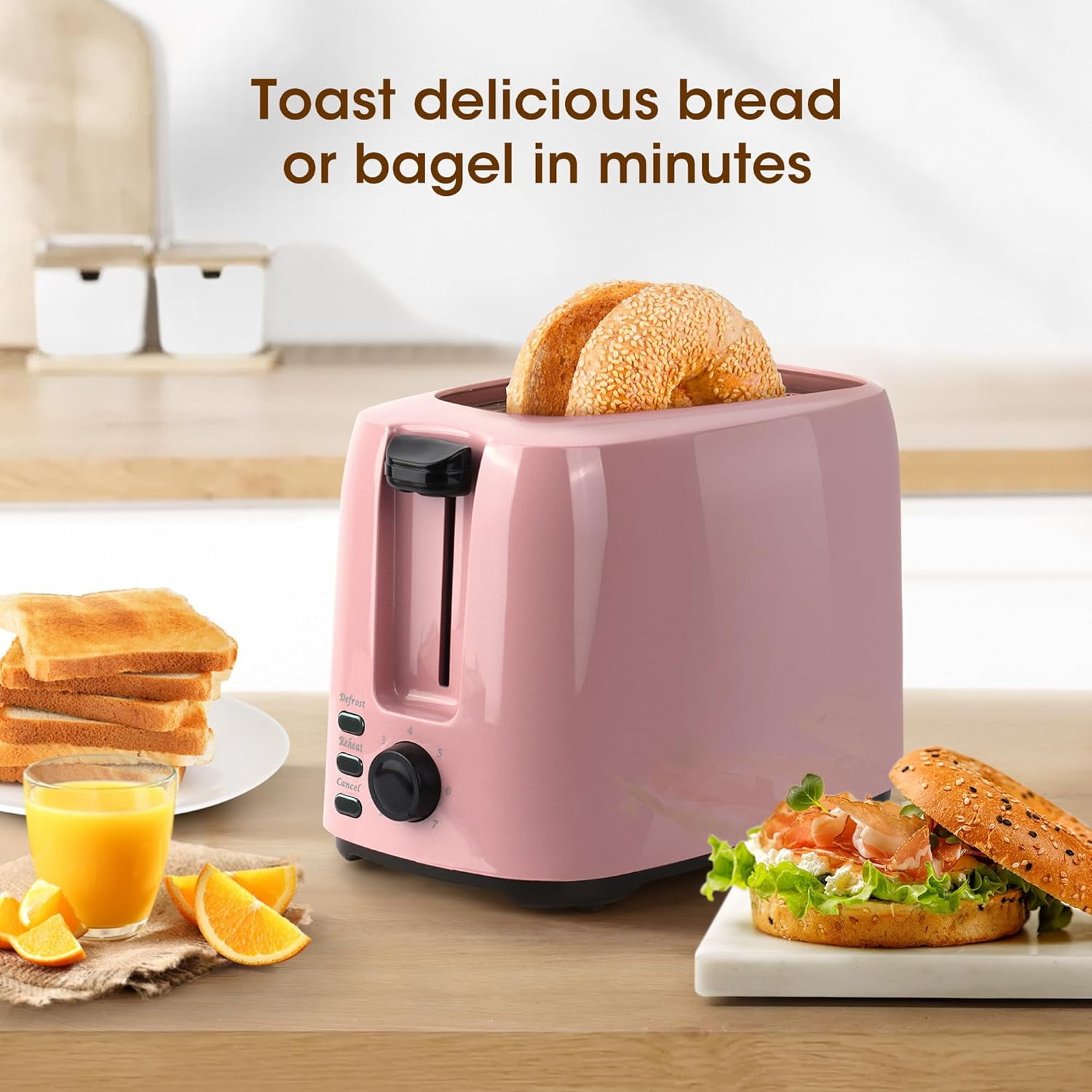 2 Slice Toaster, 1.3 Inches Wide Slot Bagel Toaster with 7 Shade Settings and Double Side Baking, Removable Crumb Tray, Defrost Cancel Function Pink