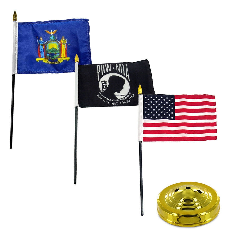 New York State Flag 4"x6" Desk Set Table Stick Gold Base 