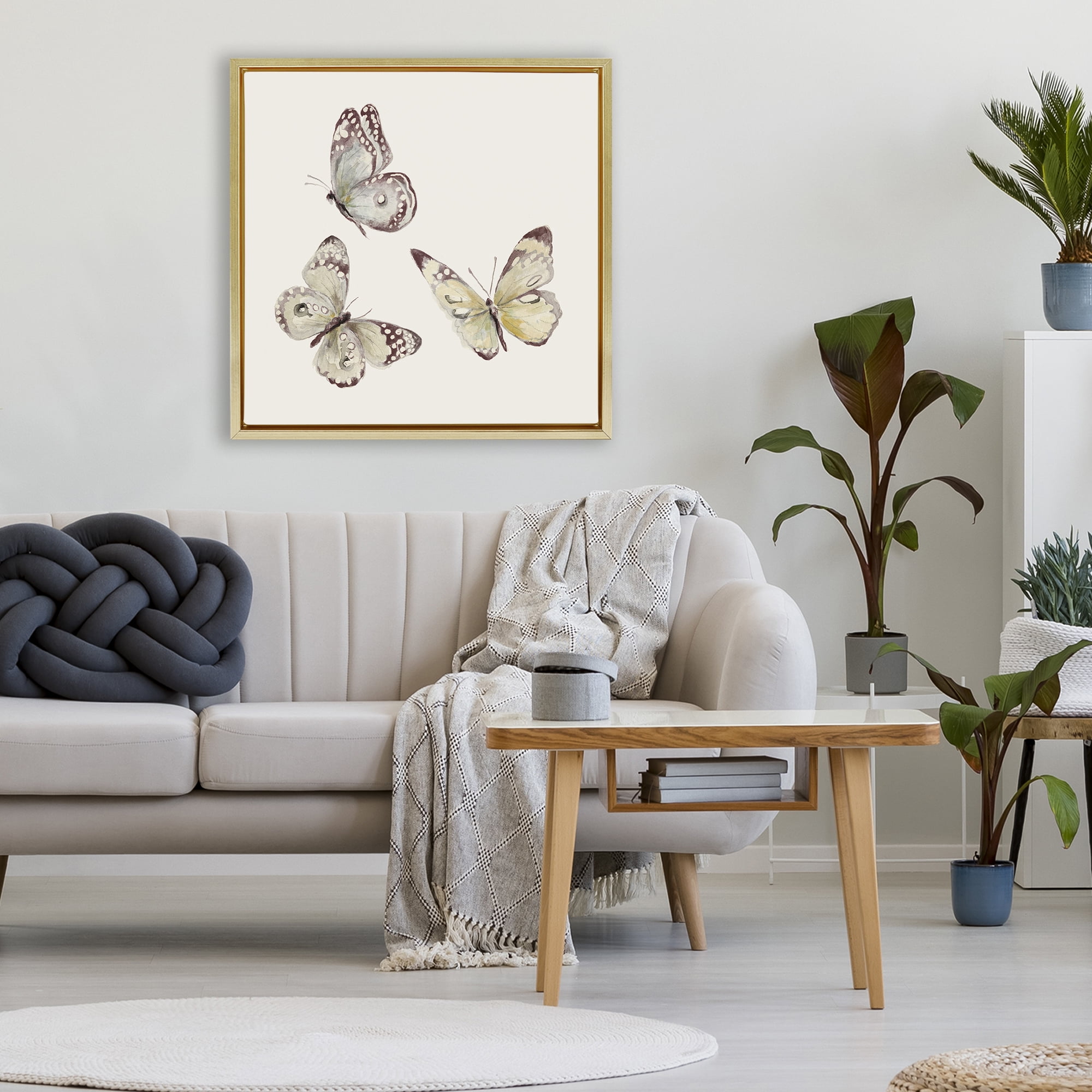 Stupell Industries Isolated Butterflies on Beige Gold Framed Floater Canvas Wall Art, design by Patricia Pinto