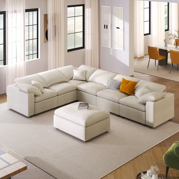 U_Style 124.8" Extra Large 7-Seater Modular Sectional Sofa with L-Shape Design & Movable Ottoman, Plush Chenille Fabric Solid Pine Wood Frame for Living Room, Office, Spacious Space Beige