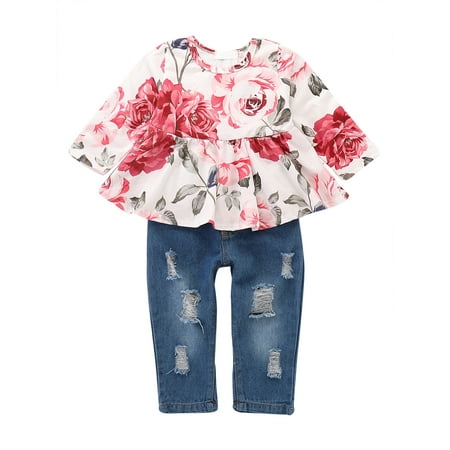 

Kucnuzki 18 Months Baby Girl Fall-Winter Outfits Pants Sets 24 Months Long Sleeve Rose Prints Casual Tops Elastic Denim Pants 2PCS Set Pink