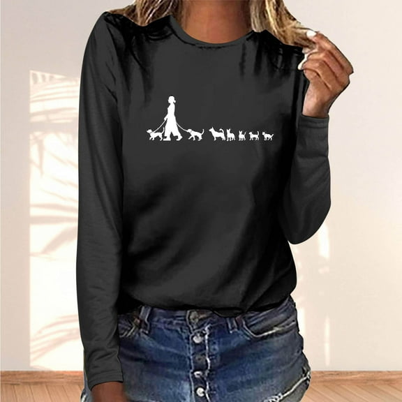 Fznquz Womens Tops Long Sleeve Cotton Black Casual Tees Crewneck Graphic Womens Blouses