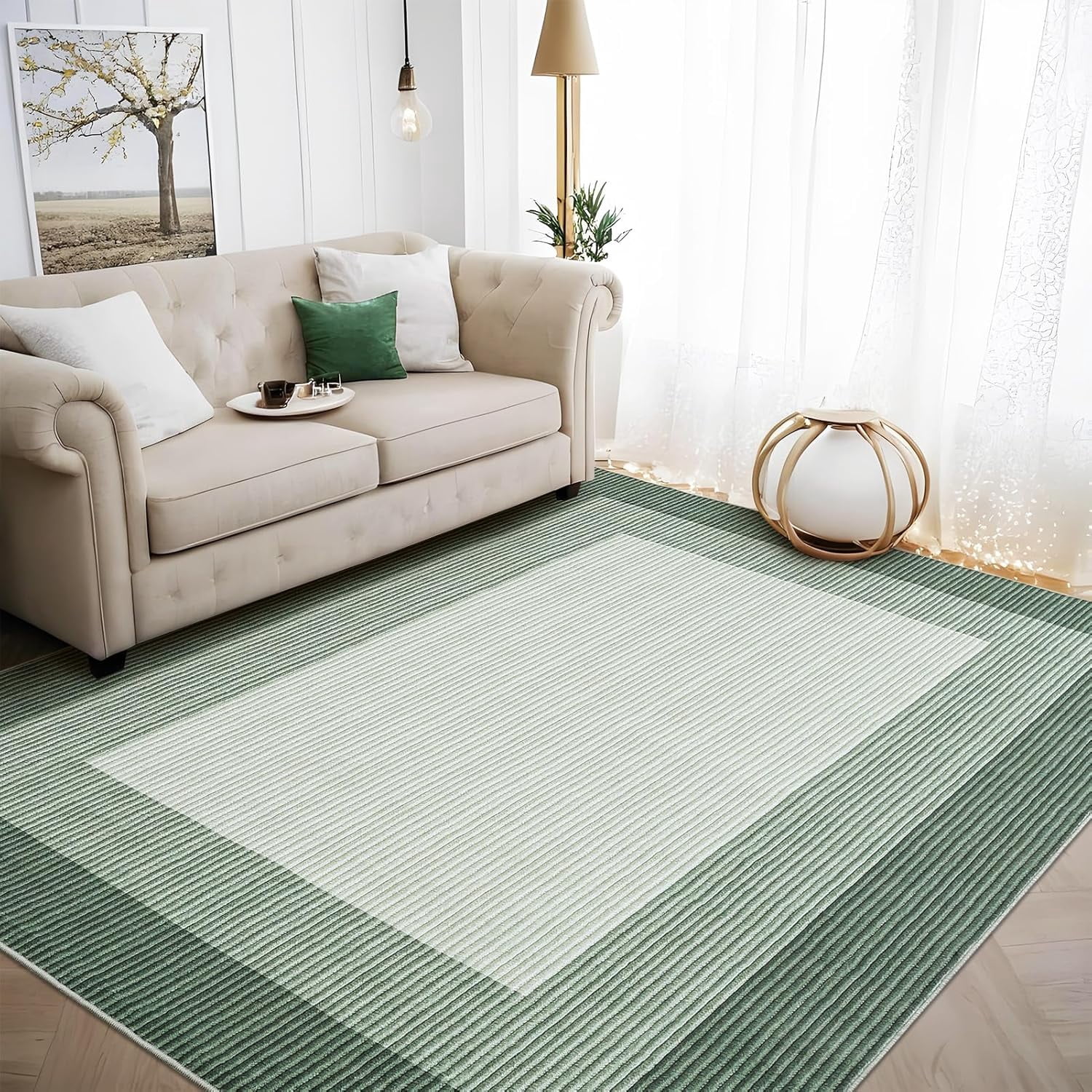 Area Rug 10x13 Modern Neutral Solid Large Machine Washable Rug for Living Room, Non-Slip Non Shedding Bordered Soft Carpet, Low Pile Foldable Printed Rug for Bedroom, Dining Room, Green