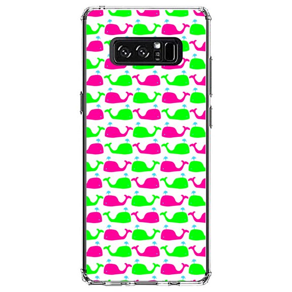 DistinctInk Clear Shockproof Hybrid Case for Samsung Galaxy Note 8 - TPU Bumper, Acrylic Back, Tempered Glass Screen Protector - Green Pink Cartoon Whales - Cartoon Whales