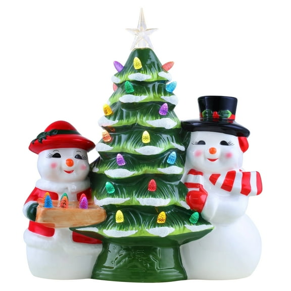 Mr. Christmas 12-Inch Pre-Lit Nostalgic Ceramic Snowman Tabletop Christmas Tree