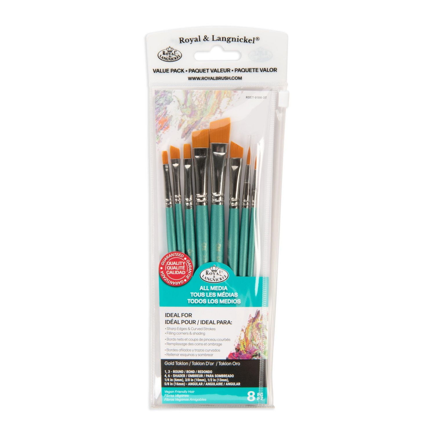 Royal & Langnickel - 8pc Gold Taklon All Media Angular Variety Paint Brush Set