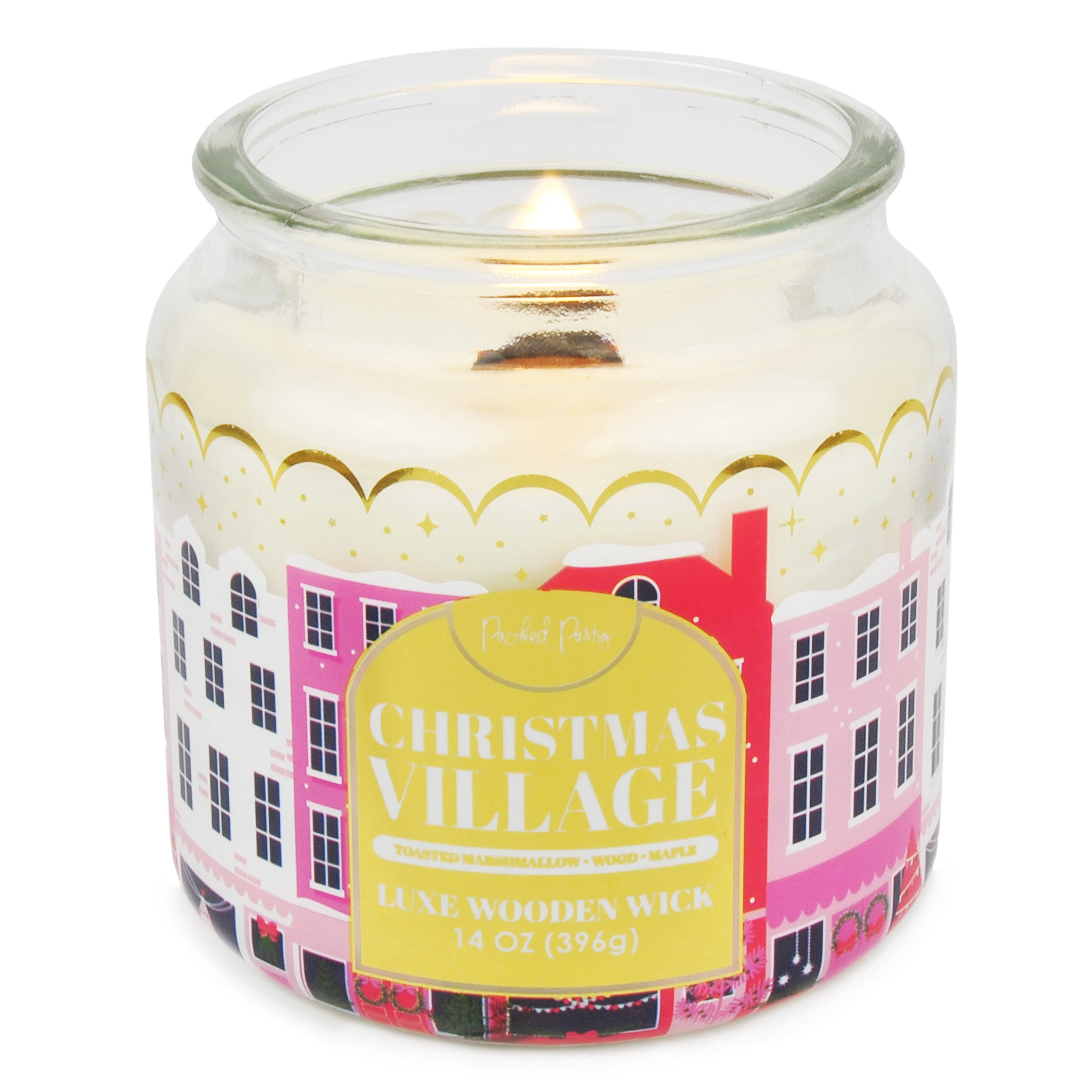 Packed Party Christmas Village Candle with Wood Wick, 14-Ounce