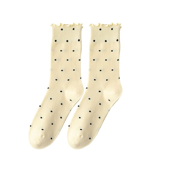 Womens Polka Dot Crew Socks with Ruffle Cuff - Stretchy Nylon Spandex, Cute Casual Socks for Women, Beige,Size Free Size