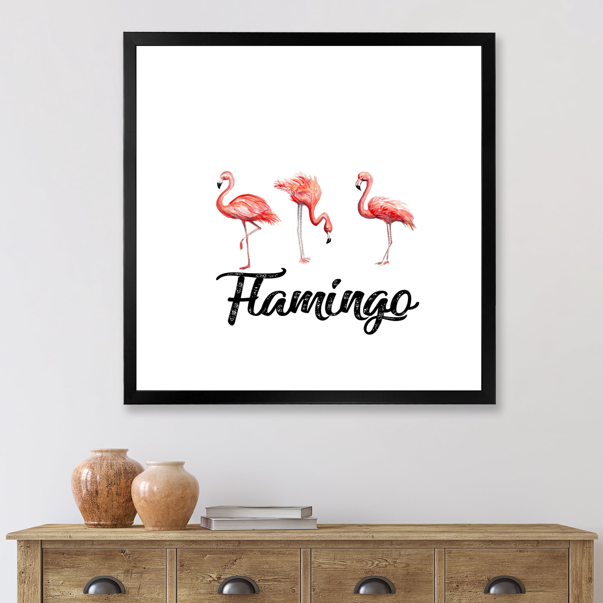 Designart 'Three Flamingos On White' Farmhouse Framed Art Print