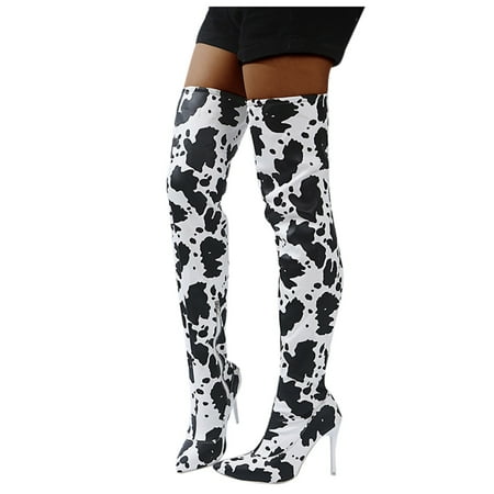 

Winter Savings Clearance! SuoKom Boots for Women Cow Pattern Thin Heels Over The Knee High Tube Boots Pointed Toe Shoes Cowboy Boots for Women