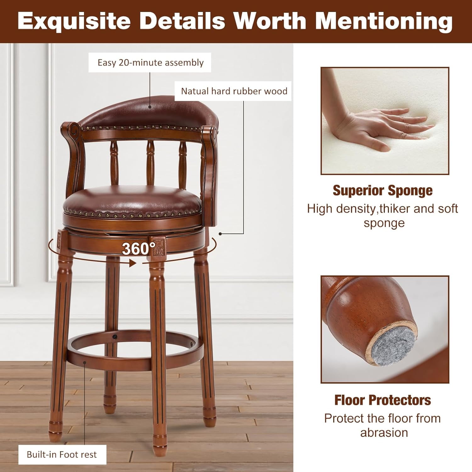 AULIFE Bar Stools Mid-Back Modern Swivel Barstools,Kitchen Counter Genuine Leather Upholstered Island Barstool with Footrest for Home Kitchen Dining Room