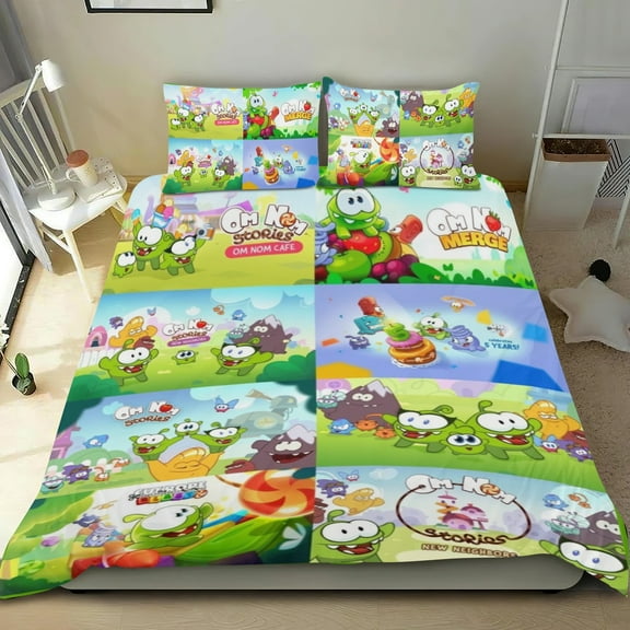 3 Piece Bedding Set For Om Nom Stories Comforter Cover Set Cute Duvet Cover Sets Super Soft Teens Bedding Set Kids Bedroom Gifts,ses Twin