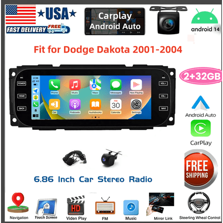 2+32GB Android 14 Car Stereo GPS Navigation Fit for Dodge Dakota 2001-2004 with Carplay Android Auto 6.86in Car Radio with Bluetooth Wifi FM/RDS SWC Mirror Link Split Screen