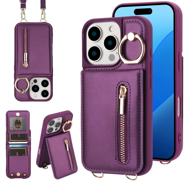 Funda tipo cartera con forma de bandolera Jcxtrombulous para iPhone 14 Pro, color morado oscuro