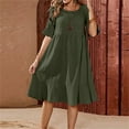 thumbnail image 3 of HAPIMO Women's Knee Length Cotton Linen Dress Solid Autumn Dresses Half Sleeve Round Neck Elegant Drop Waist Tiered Vintage Holiday Boho Army Green L, 3 of 6
