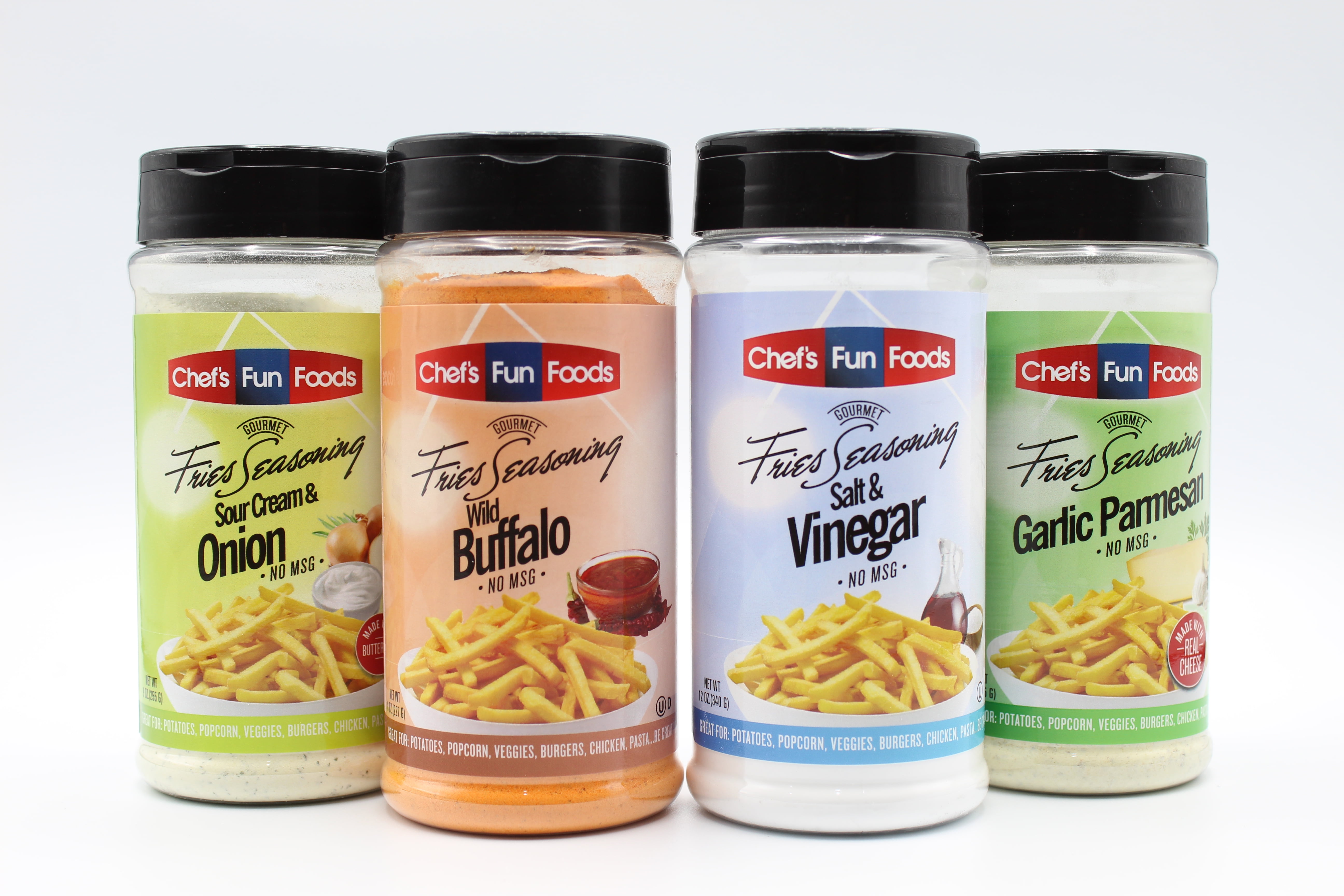 Chef's Fun Foods - Gourmet Food Seasonings | Kosher Food for Restaurants and Home Cooks |Sour Cream & Onion, Flame Grilled BBQ, Garlic Parmesan Combo