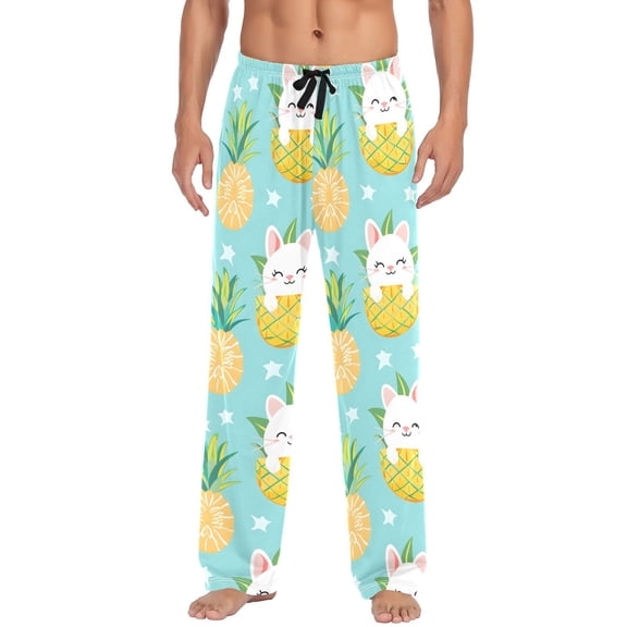 Cute Cat in Pineapple Men's Pajama Pants Cotton Long Sleepwear Lounge Pants M
