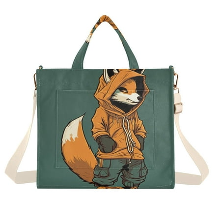 Fox Hoodie Green Corduroy Tote Bag Handbag Large Messenger Bag Shoulder Crossbody Zipper Bag Purse