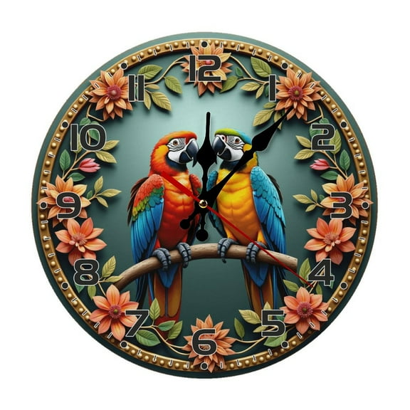 Tropical Parrots Bird Wall Clock 10 Inch Silent Non Ticking Round Clock Decoration for Living Room Kitchen Bedroom Bathroom Office Classroom