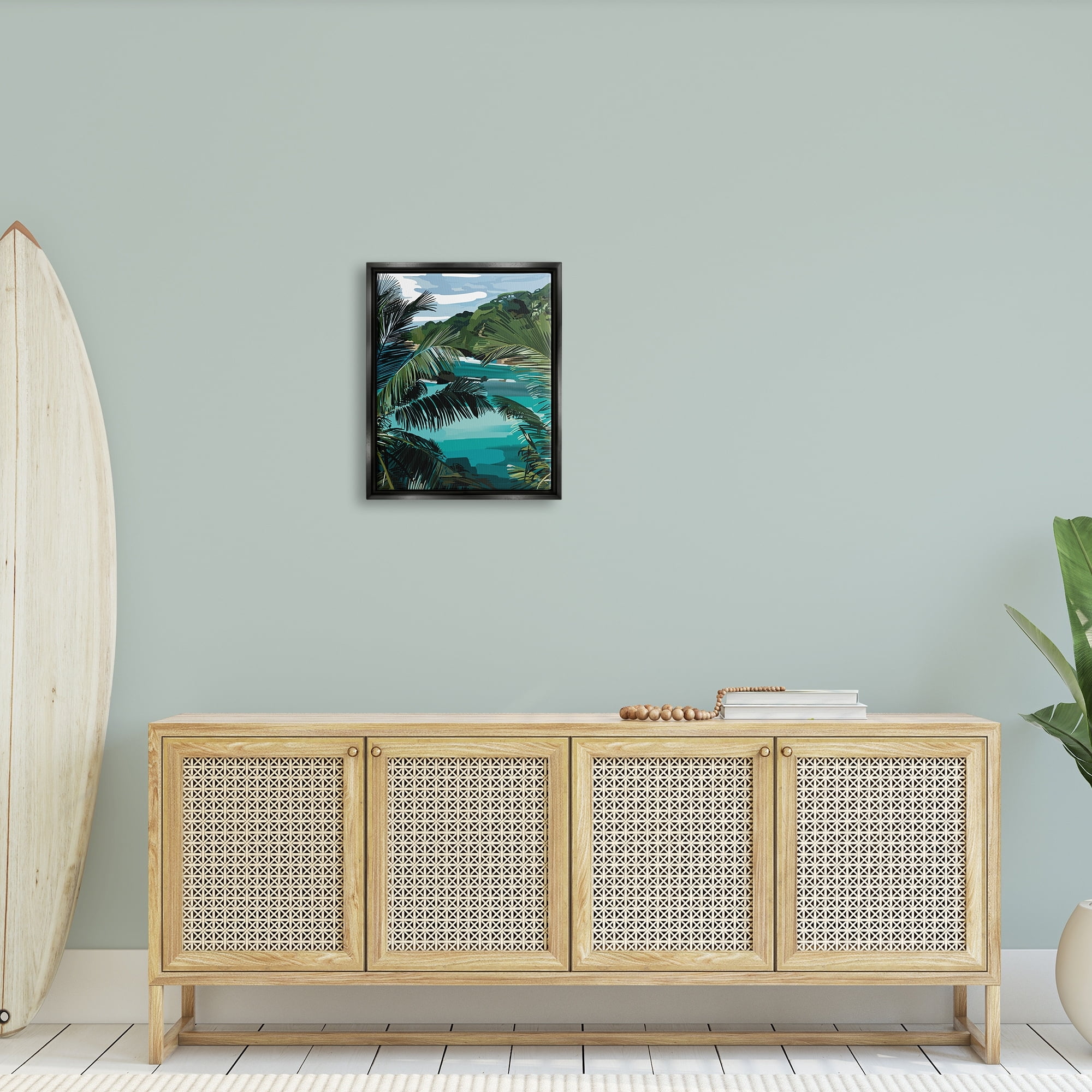Stupell Industries Tropical Ocean Inlet Lush Palm Tree Hills Graphic Art Luster Gray Floating Framed Canvas Print Wall Art, Design by Amelia Noyes