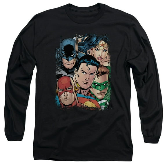 JLA Justice League Up Close And Personal Long Sleeve Adult 18/1 T-Shirt Black
