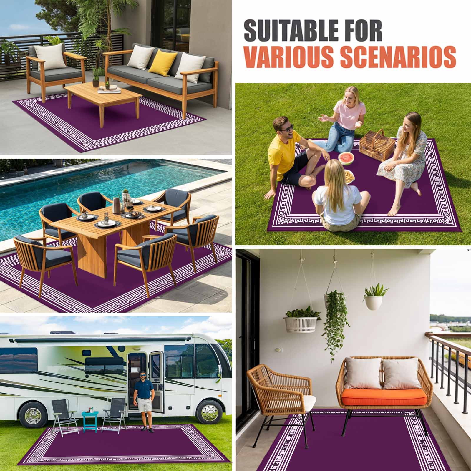 Dark Purple Greek Key Outdoor Rug for Patio/Deck/Porch, Non-Slip Large Area Rug 5 x 8 Ft, Geometric Greece Ancient Farmhouse Geo Indoor Outdoor Rugs Washable Area Rugs, Camping Rug Carpet Runner