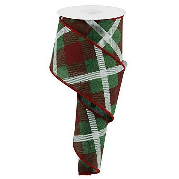 Plaid Canvas Wired Edge Ribbon, 10 Yards (Emerald Green, Red, White, 2.5")