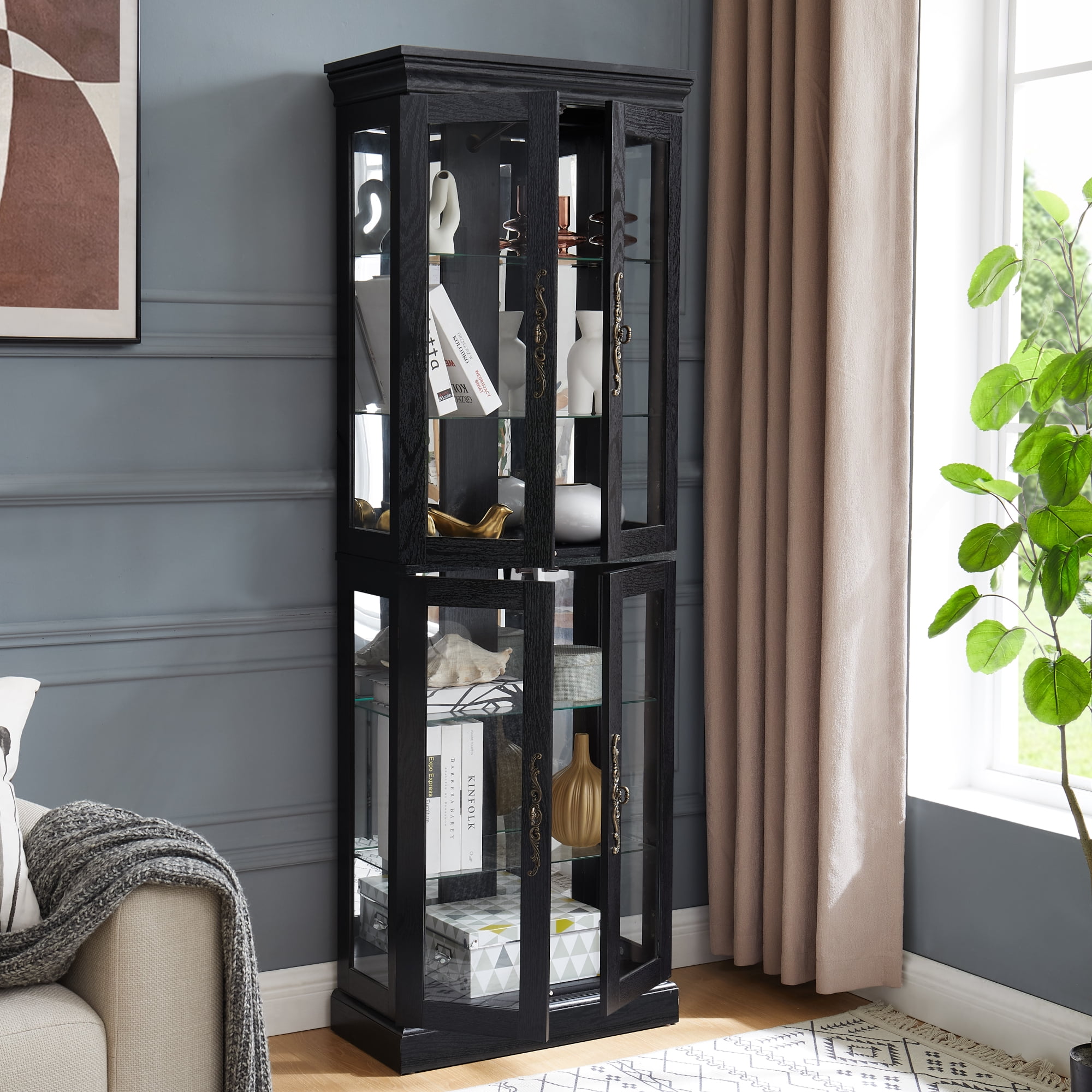 Leumius Lighted Glass Curio Display Cabinet, Wood Frame 4 Glass Doors Storage Cabinet with Included Bulb, Glass Wine Cabinet Collectibles Toy Display Case for Living Room, Kitchen, Pantry,Black