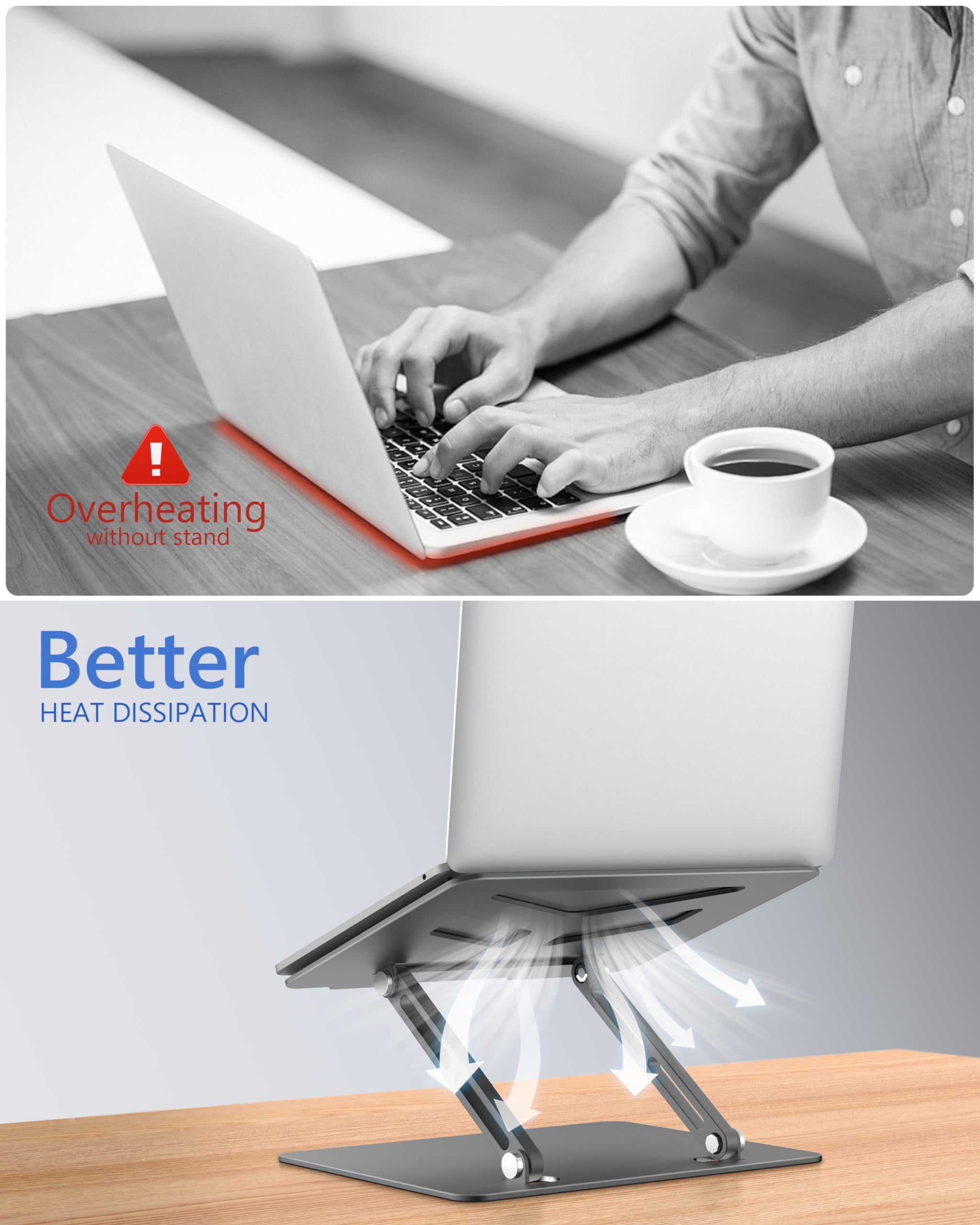 Aluminum Laptop Stand  For Desk Adjustable Height Computer Stands Compatible With Macbook Air Pro More All 10-16'' Notebooks Laptops Classic Grey