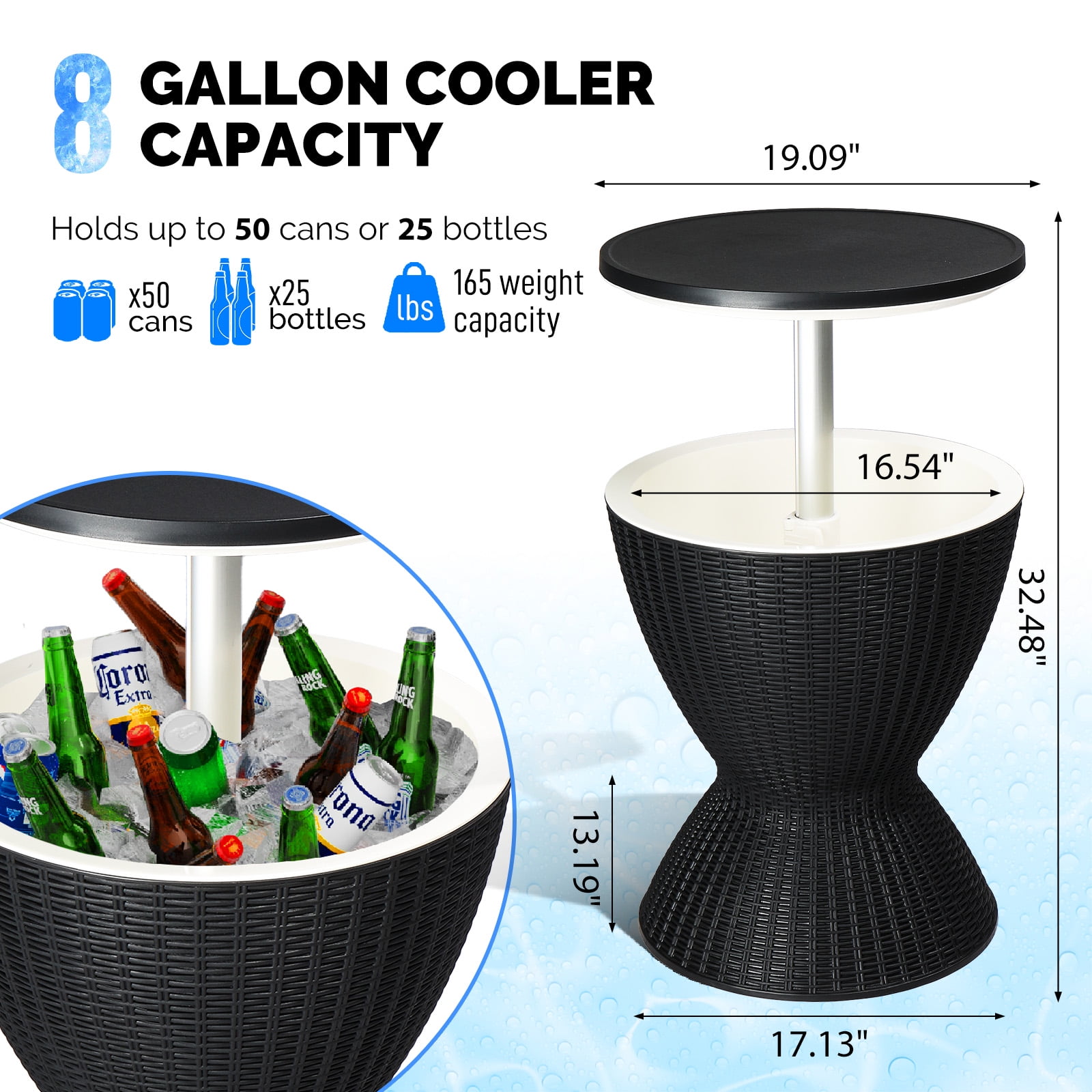 Hassch Cooler Bar Table, 8 Gallon Beer and Wine Cooler, Outdoor Cocktail Patio Bar Table, Ice Cooler with Pop-Up Lid and Drainage Plug for Deck Pool Party, Black