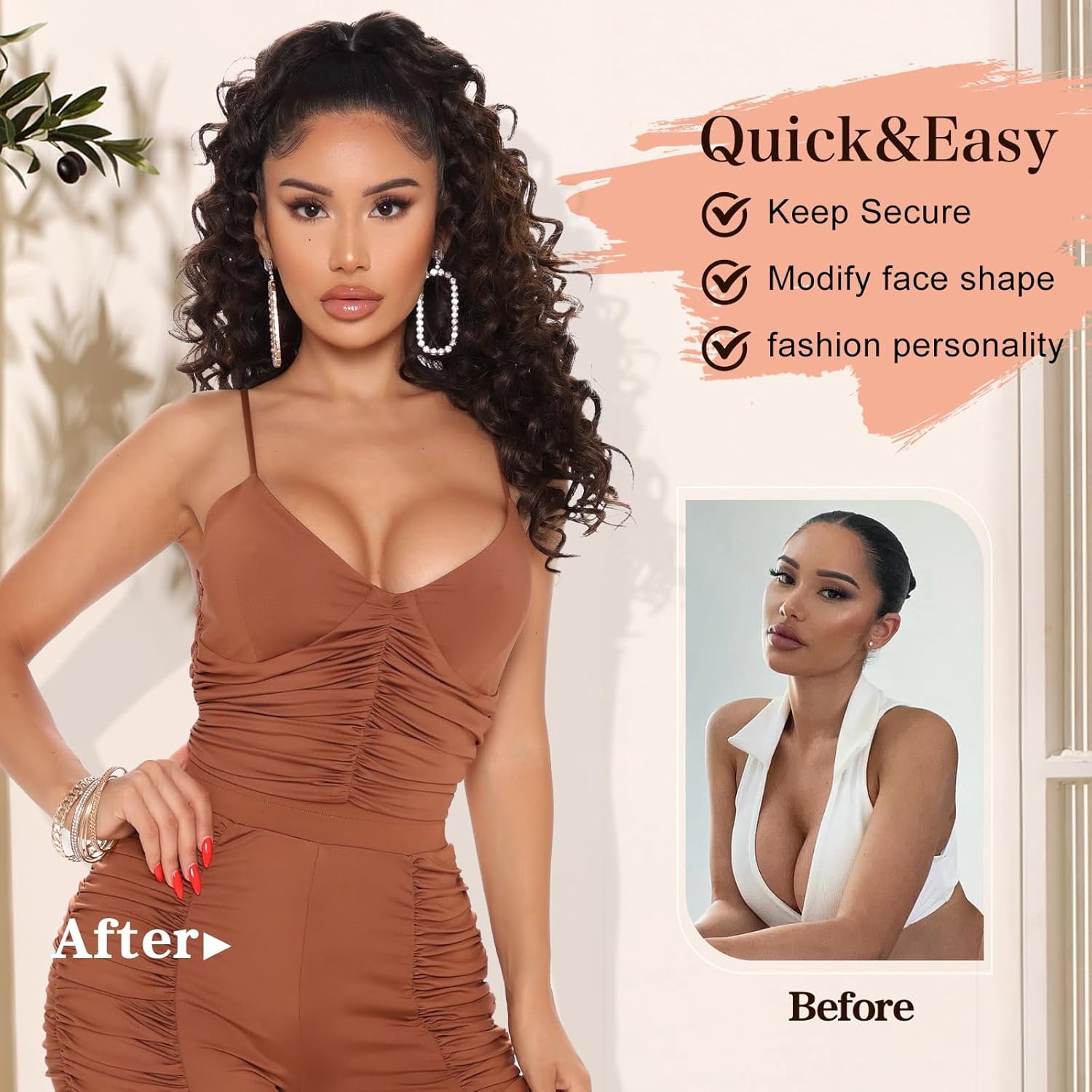 Curly Drawstring Ponytail, Dark Brown Synthetic Hair Extension, 20 Inch Long Curly Wavy Clip-in Ponytail for Women