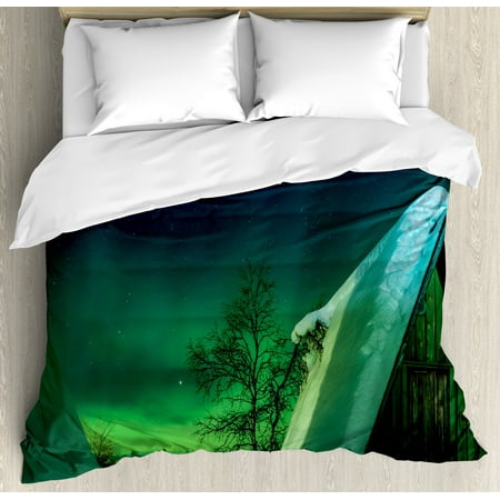Aurora Borealis Duvet Cover Set Wooden Roof House Winter Icy Arctic Wooden Roof House Winter Icy Arctic View Cold Climates Air Image Decorative Bedding Set With Pillow Shams Dark Blue Jade Green By Ambesonne