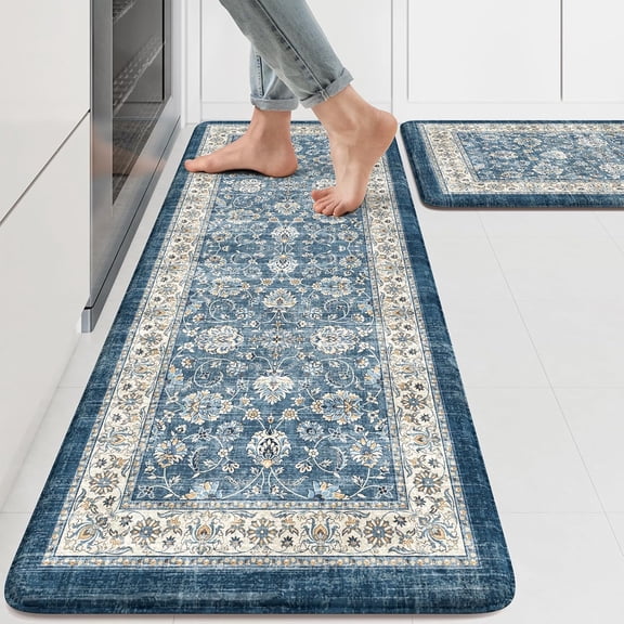 Anti Fatigue Kitchen Mats 17.3" x 47" 17.3" x 29", Boho Blue Kitchen Rugs Sets of 2, Non Slip Waterproof Kitchen Floor Mats, Vintage Memory Foam Kitchen Mat for Sink, Laundry, Desk
