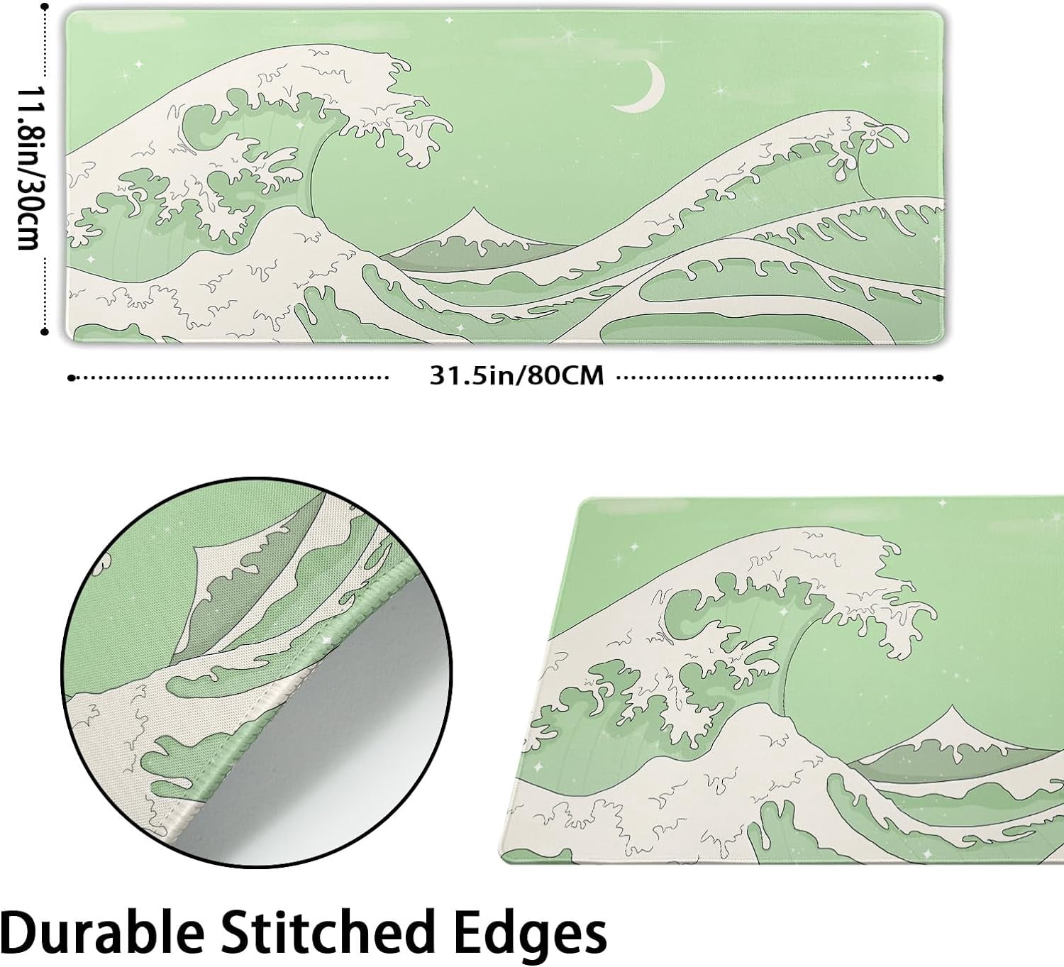 Matcha Green White Japanese Anime Gaming Mouse Pad XL Kawaii Sage Aesthetic Wave Extended Large Desk Mat Non-Slip Rubber Base Stitched Edge Keyboard Mousepad for PC Office Laptop,31.5×11.8 in